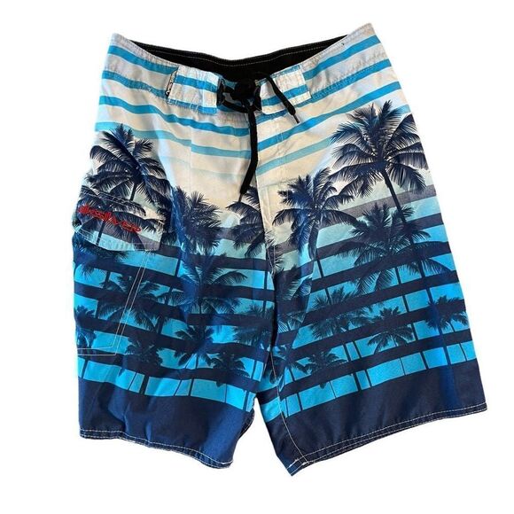 Quiksilver Unlined Board Shorts Cargo Pocket Palm Tree Design Blue Size 32 - Picture 1 of 8